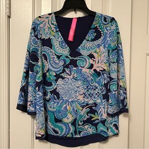 Lilly Pulitzer Florin Top 3/4 Sleeve V Neck Navy Sirens & Spirits Reversible XS